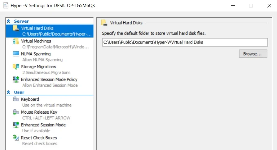 Settings for a Hyper-V host in Hyper-V Manager