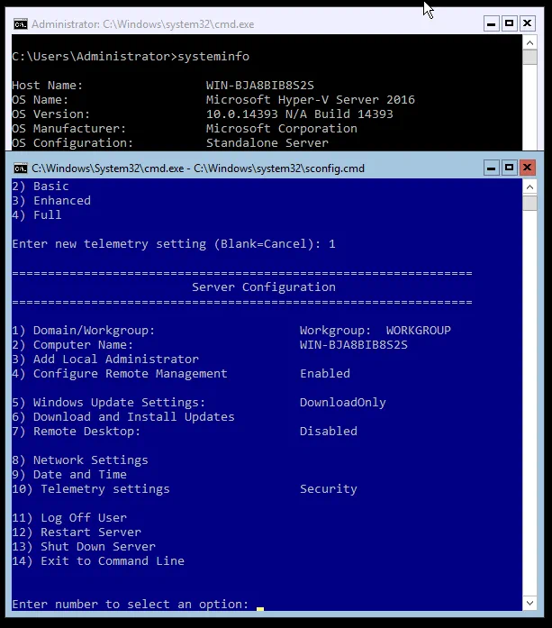 The console user interface of standalone Hyper-V Server 2016.