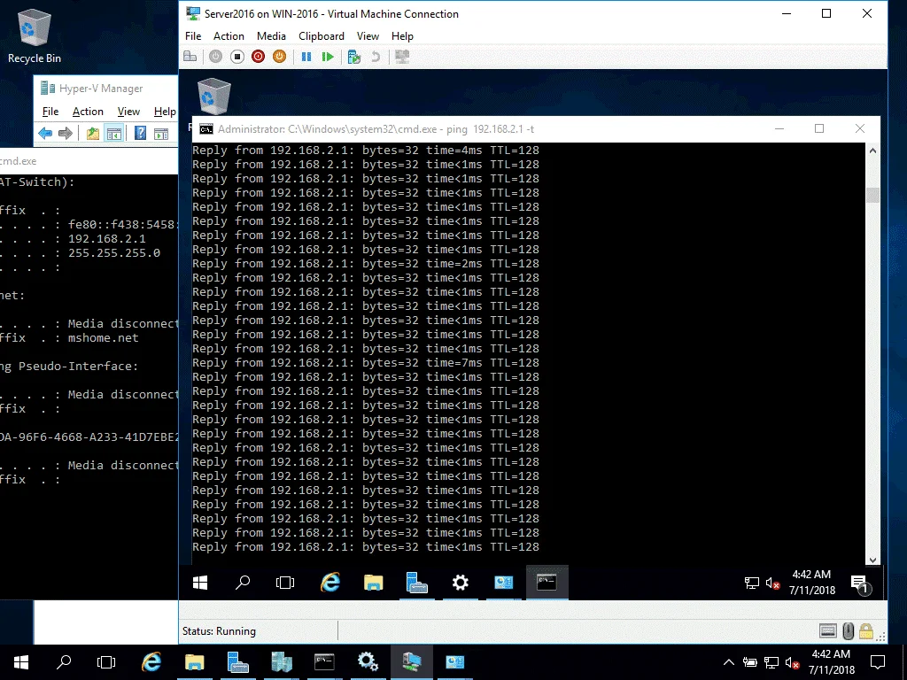 The familiar Windows graphical user interface with Hyper-V Manager is used to manage VMs. The VMConnect tool is used for connecting to a running VM.