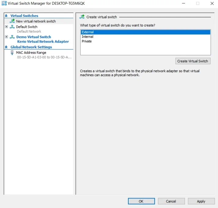 Virtual Switch Manager in Hyper-V Manager
