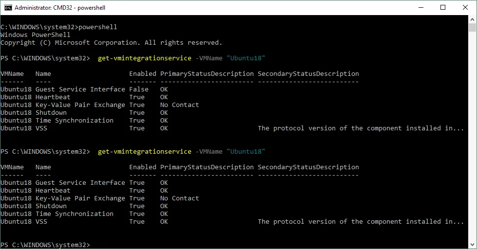 Checking which Hyper-V Linux Integration Services are enabled for the Ubuntu 18 VM.