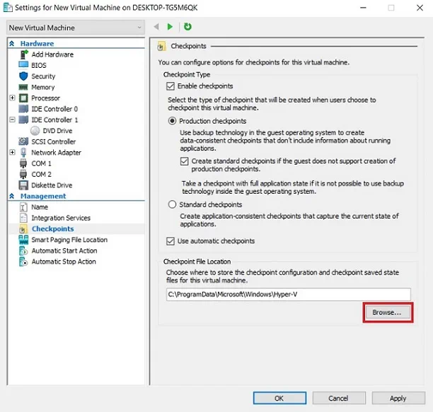 Configuring Hyper-V Snapshot Location