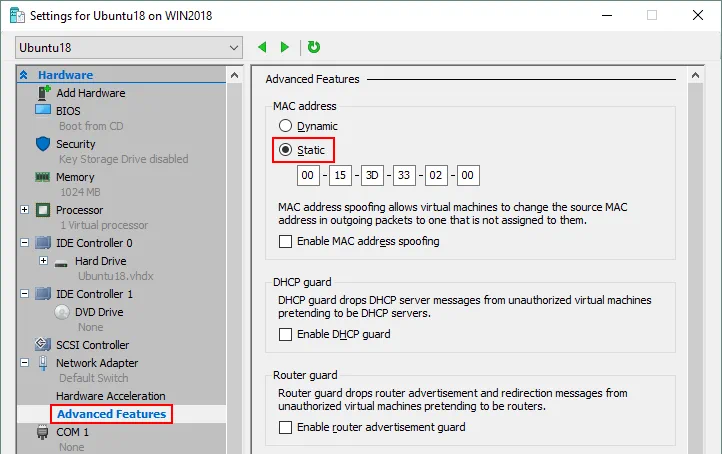 Defining a static MAC address for the virtual network adapter of the Ubuntu VM in Hyper-V Manager.