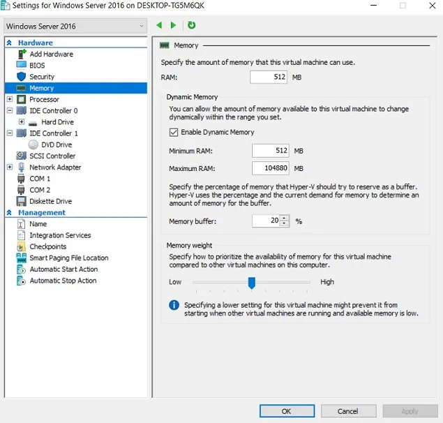 Hyper-V Dynamic Memory Settings