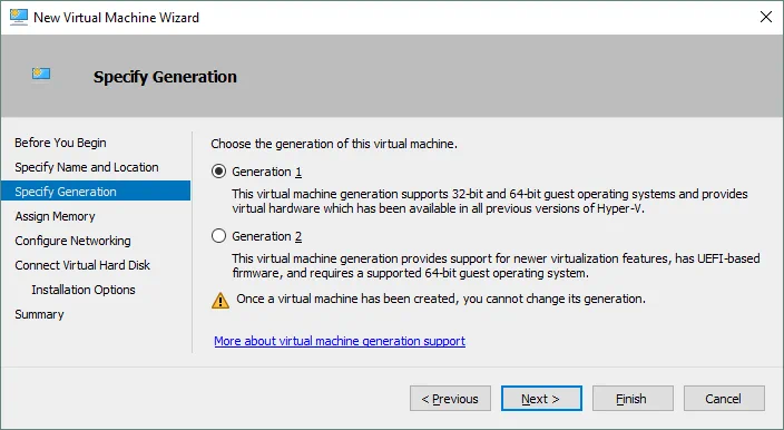 Selecting the generation for a Hyper-V VM.