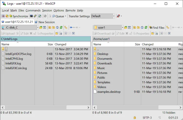 The main window of WinSCP when a user is logged in to a remote Linux machine.