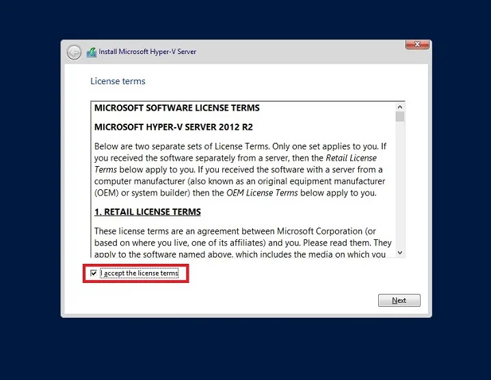 Aceptación de los términos de licencia para la instalación de Hyper-V Core