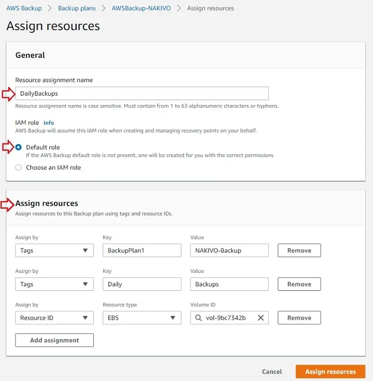Asignación de recursos en AWS EC2 Backup