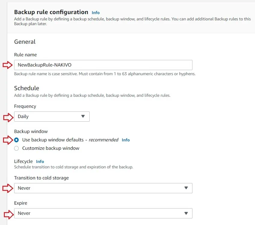 Configuración de reglas de backup en AWS EC2 Backup