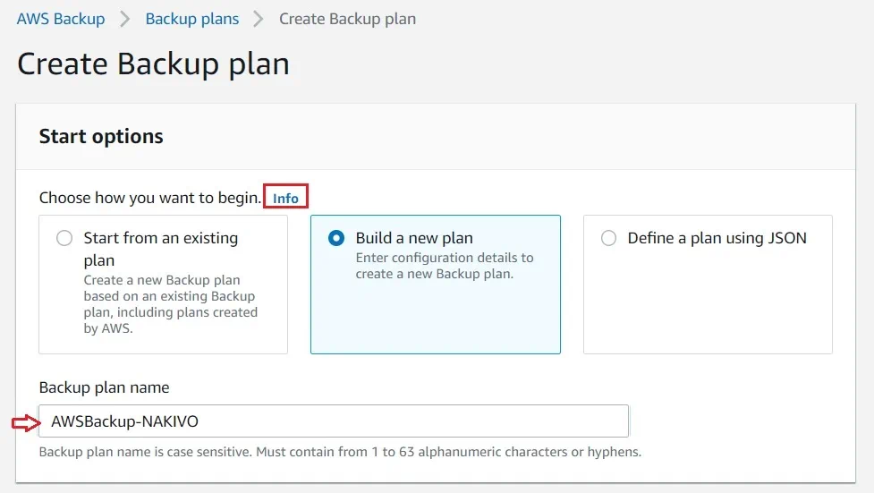 Creación de un nuevo plan en AWS EC2 Backup