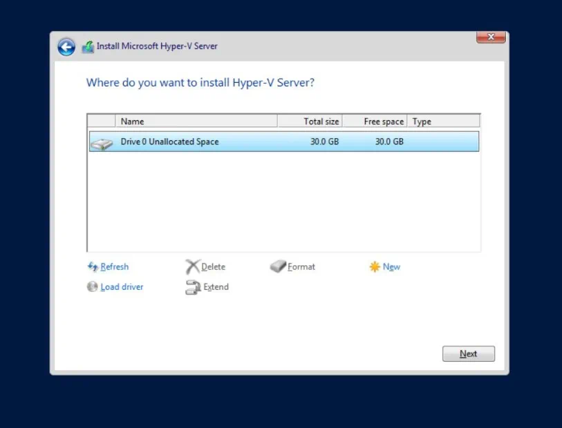 Elección de una unidad para la instalación de Hyper-V Core