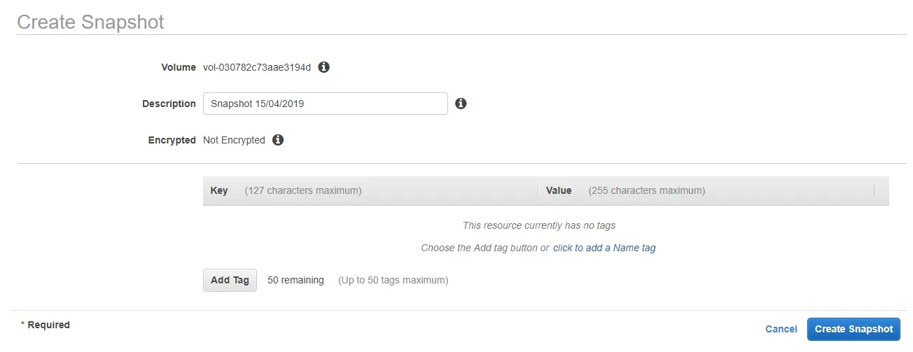 Configuración de una nueva instantánea en el backup de AWS EC2