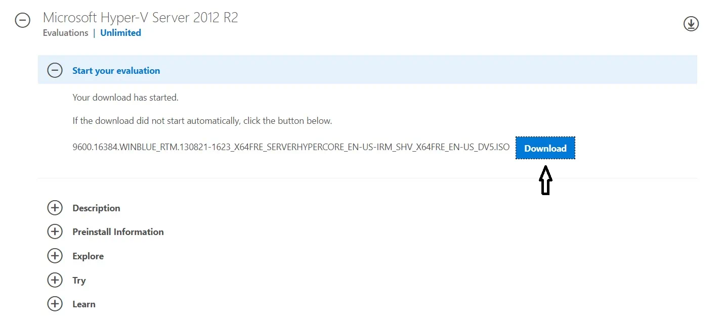 Descarga del archivo ISO para la instalación de Hyper-V Core