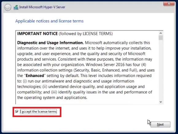 Acuerdo de licencia en Hyper-V Server 2016 gratuito