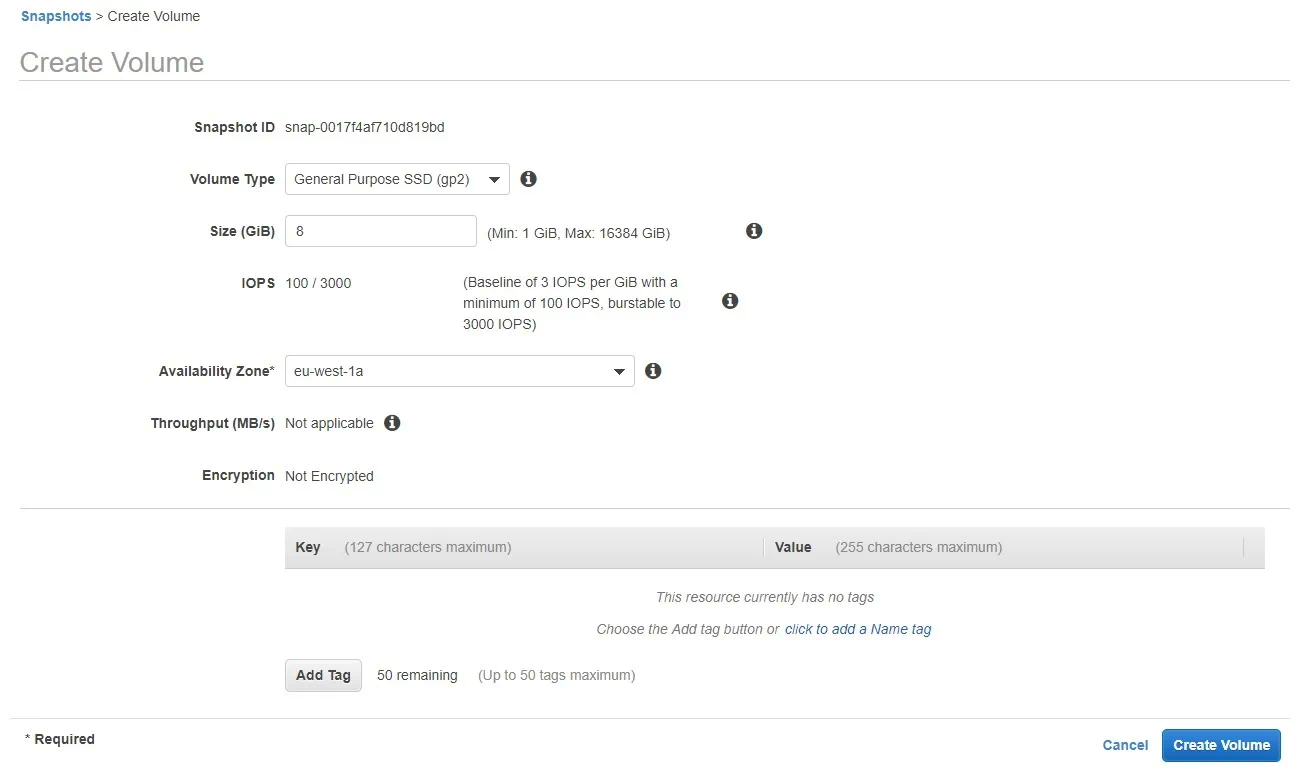 Restaurar la instantánea en AWS EC2 Backup