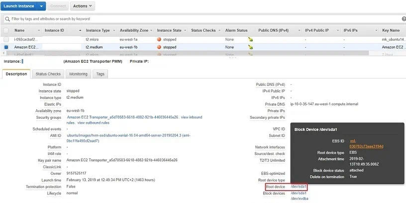 Selección del dispositivo raíz en el backup de AWS EC2