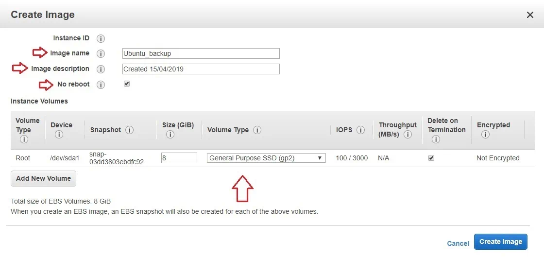 El menú Crear imagen en AWS EC2 Backup