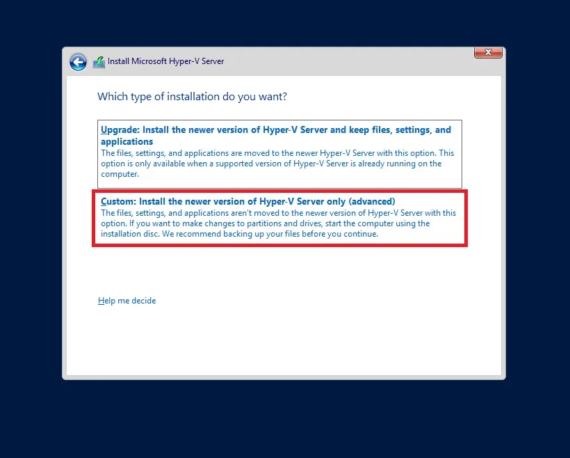 Tipo de instalación de Hyper-V Core