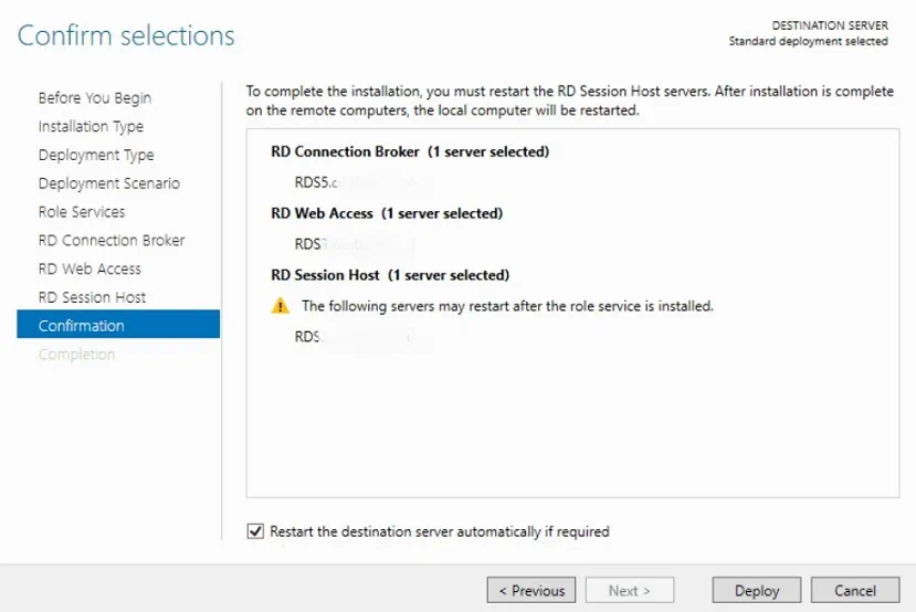 Confirming Selections in Hyper-V VDI deployment