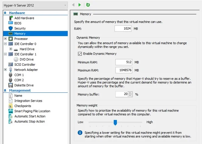 Enable Hyper-V Dynamic Memory (how to improve VM performance)