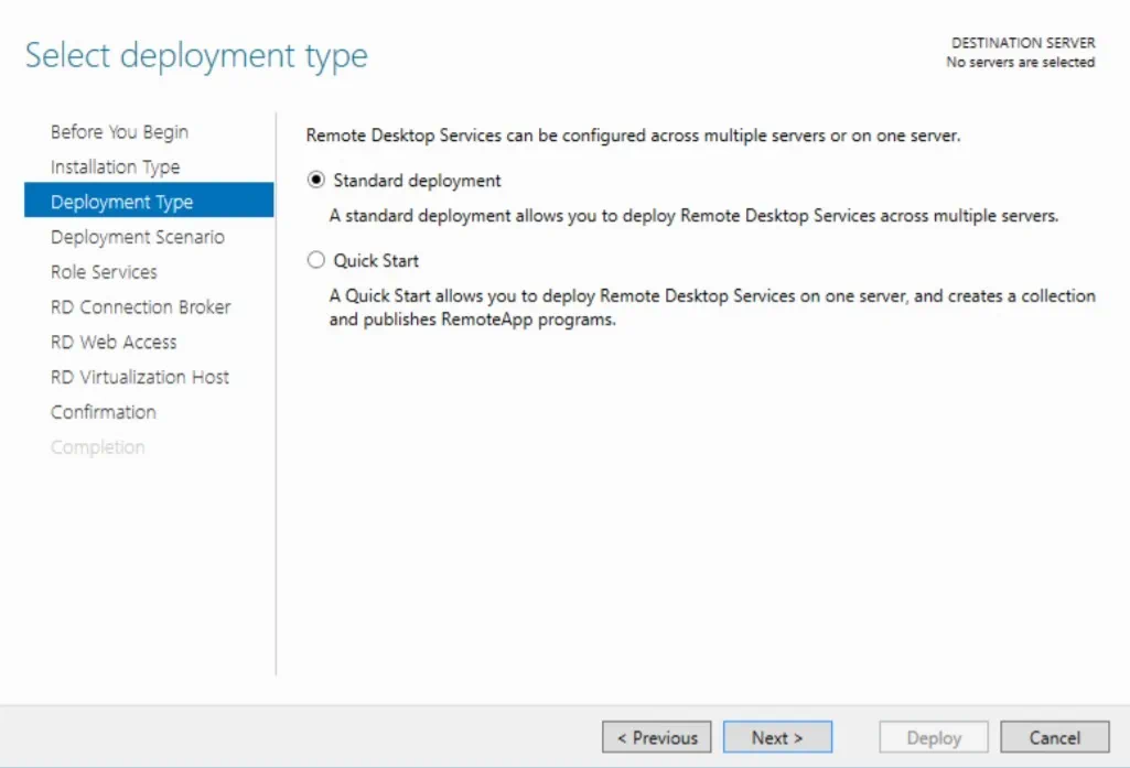 Selecting Deployment Type in Hyper-V VDI deployment