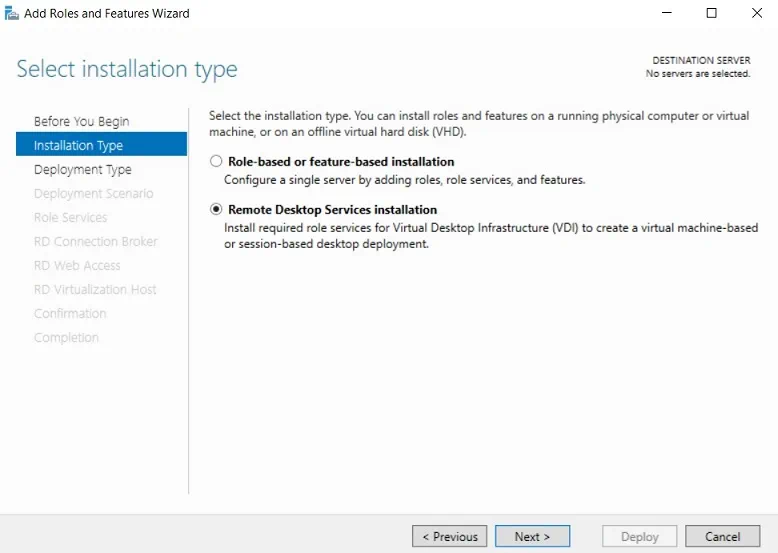 Selecting installation type in Hyper-V VDI deployment