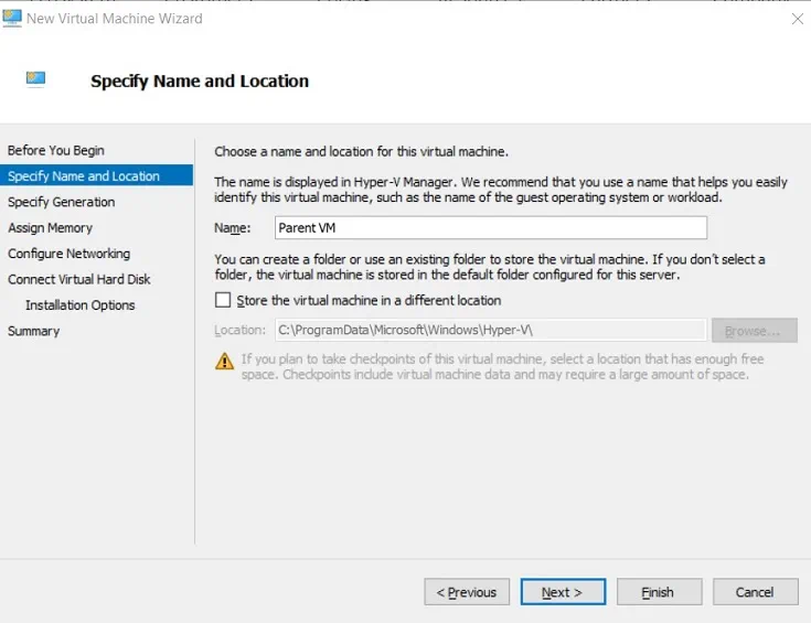 Specify Name and Location (Hyper-V Differencing Disks)