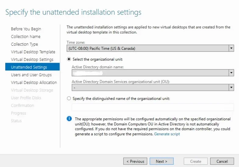Specifying the unattended installation settings in Hyper-V VDI deployment
