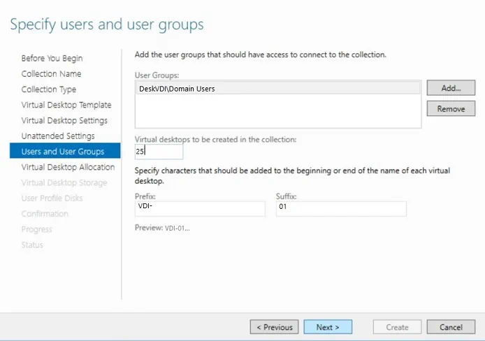 Specifying users and user groups in Hyper-V VDI deployment