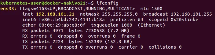 Checking network configuration on the Kubernetes node after editing.