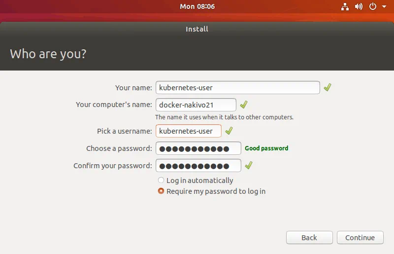 Configuring host name and user name while setting up Ubuntu before installing Kubernetes on Ubuntu.