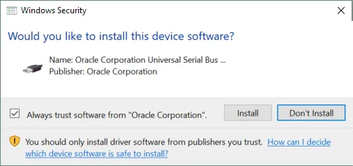 Confirme la ejecución del actualizador de VirtualBox en Windows.