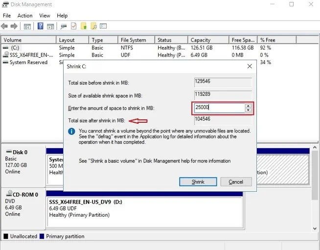 Enter the Amount of Space to Shrink In MB (Hyper-V Shrink VHD)