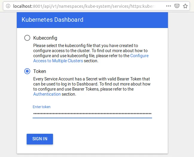Enter the token to log in Kubernetes dashboard.