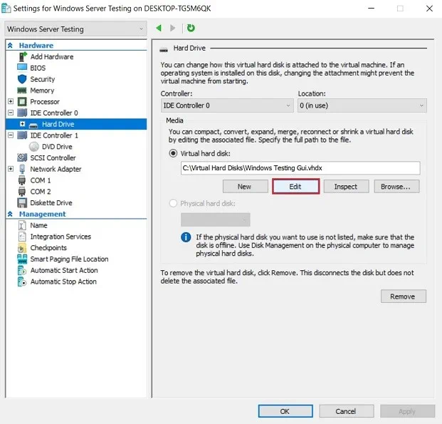 Hard Drive Settings (Hyper-V Shrink VHD)