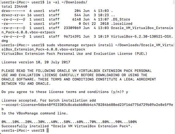 How to install VirtualBox Extension Pack with VBoxManage in the macOS console