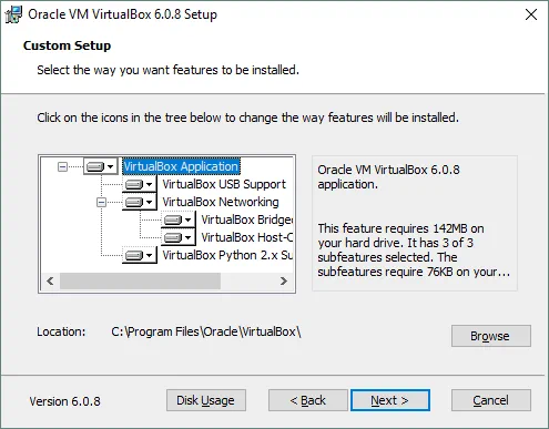 Cómo actualizar VirtualBox - selección de una ruta y componentes para actualizar e instalar
