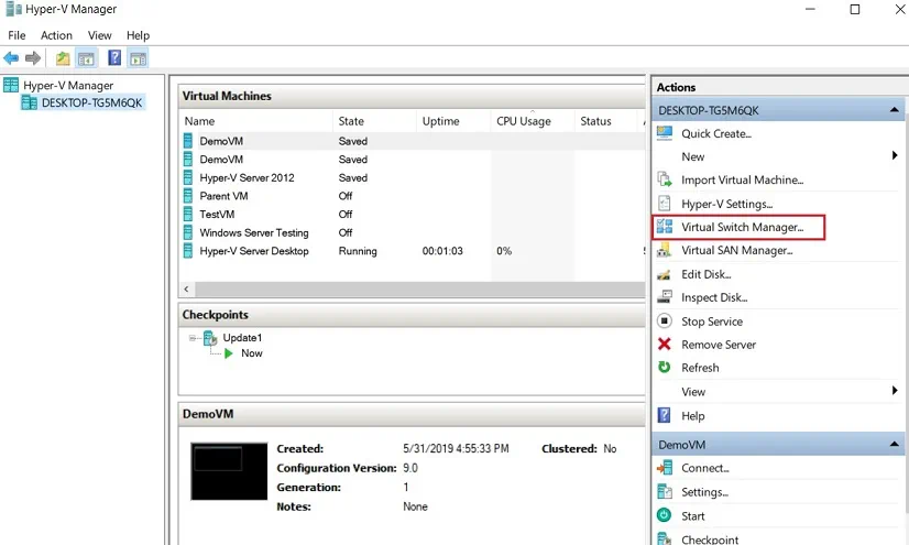 Opening Virtual Switch Manager (Hyper-V VLANs)