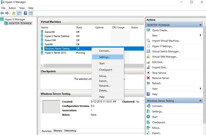 Virtual Machine Settings (Hyper-V Shrink VHD)