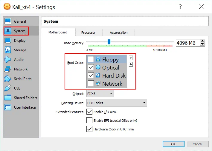 VirtualBox no bootable medium found – editing the boor order