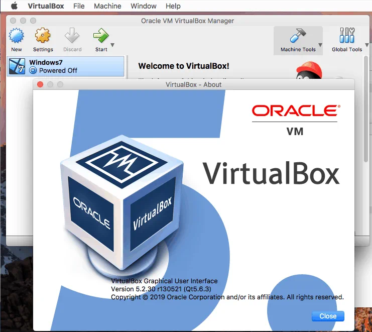 VirtualBox versión 5.2.30 antes de actualizar en Mac.