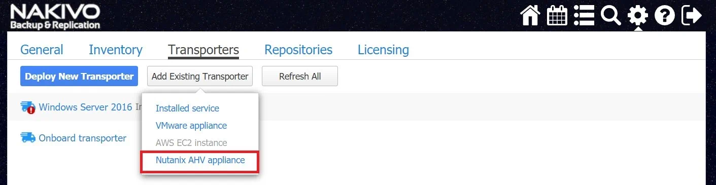 Adding Existing Transporter (Nutanix AHV Backup)