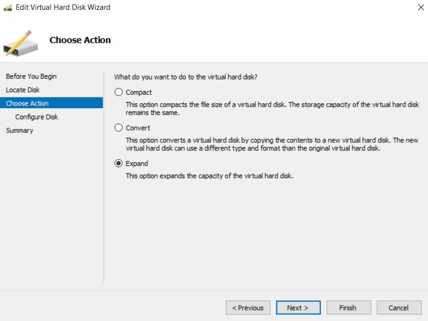 Choose Action (Increase Disk Size in Hyper-V)