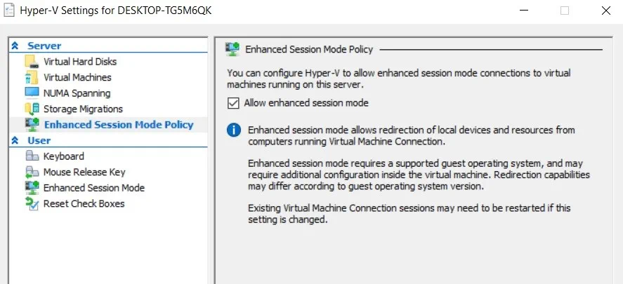 Política de modo de sesión mejorada (Hyper-V USB Passthrough)