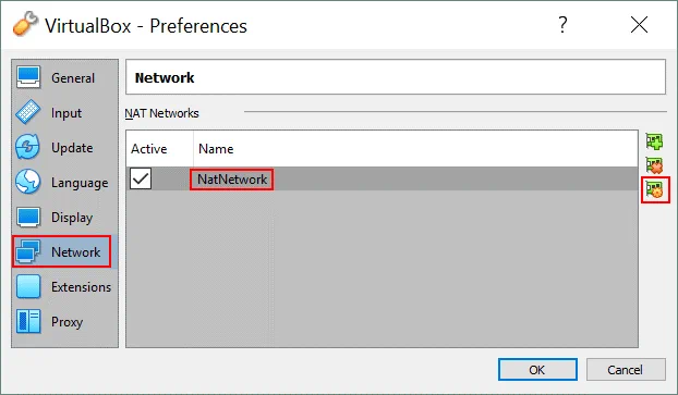 Ajustes globales de la red VirtualBox - edición de los ajustes de la red NAT