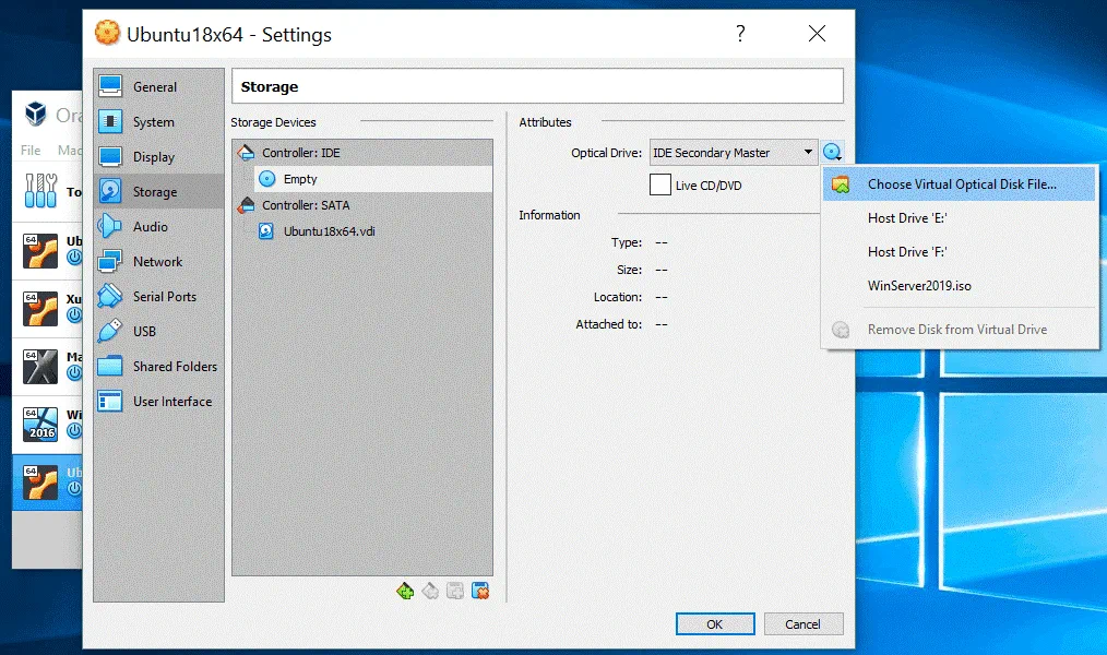 How to install Ubuntu on VirtualBox – choosing a virtual optical disk file to boot the Ubuntu installer