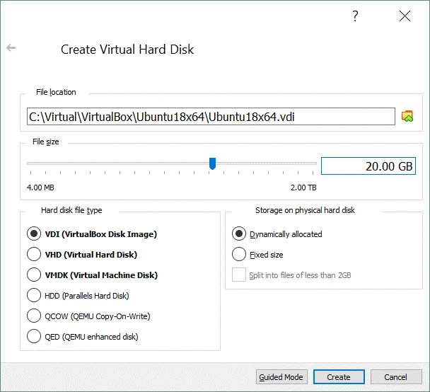 How to install Ubuntu on VirtualBox – creating a virtual disk for a new VM
