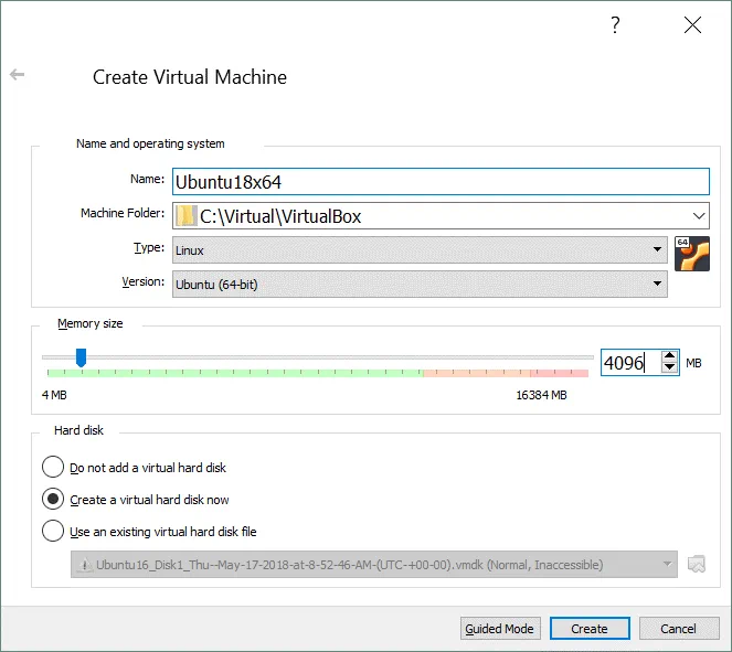 How to install Ubuntu on VirtualBox – setting parameters for a new VM