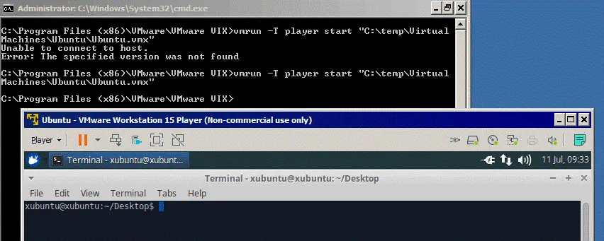 Starting a VM in VMware Player by using vmrun