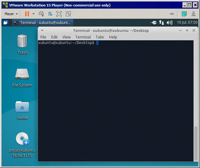 eEl Xubuntu VM is running on VMware Player 15